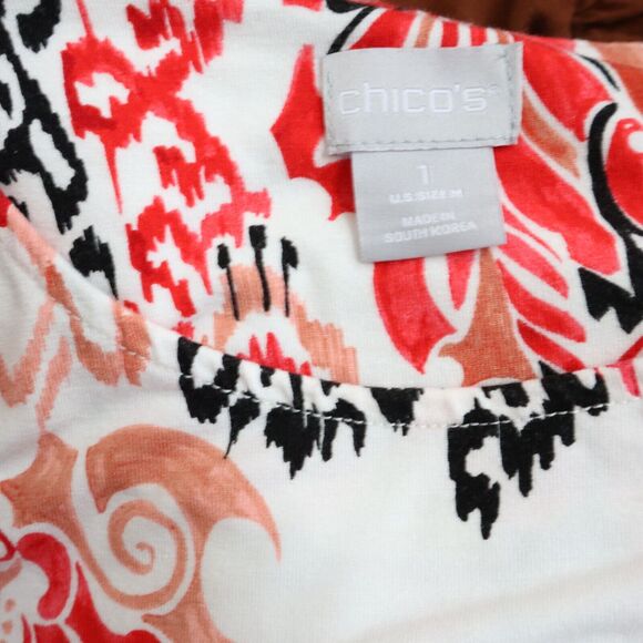 Chico's White & Red Print Rayon Spandex Short Sleeve Top Size 1 US SIZE M - Picture 4 of 4